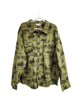 Woolrich Green Scenic Print Button-Up Mens Shirt  XXL Long Sleeve Outdoor Style
